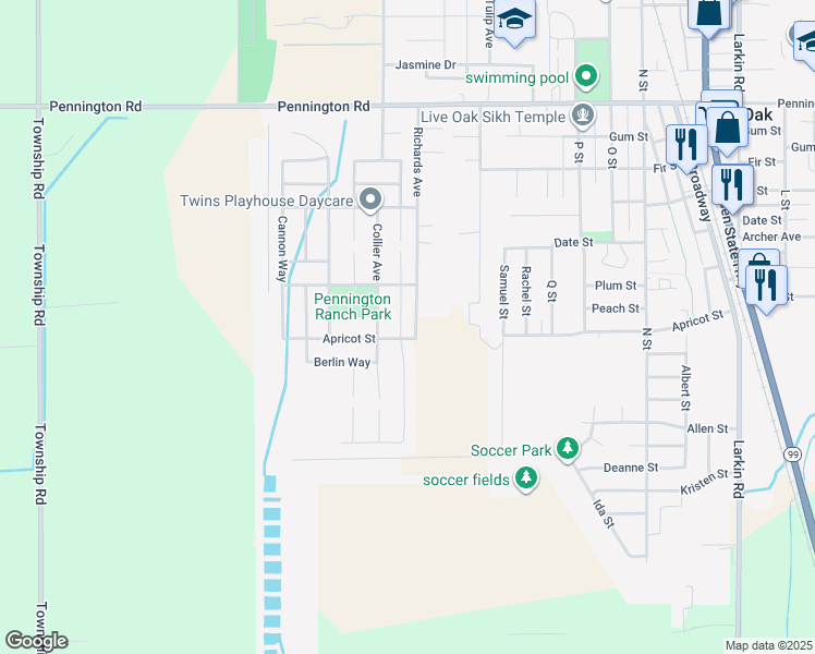 map of restaurants, bars, coffee shops, grocery stores, and more near 9477 Poplar Way in Live Oak