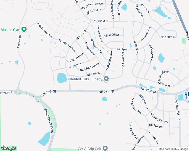 map of restaurants, bars, coffee shops, grocery stores, and more near 9600 North McKinley Avenue in Kansas City
