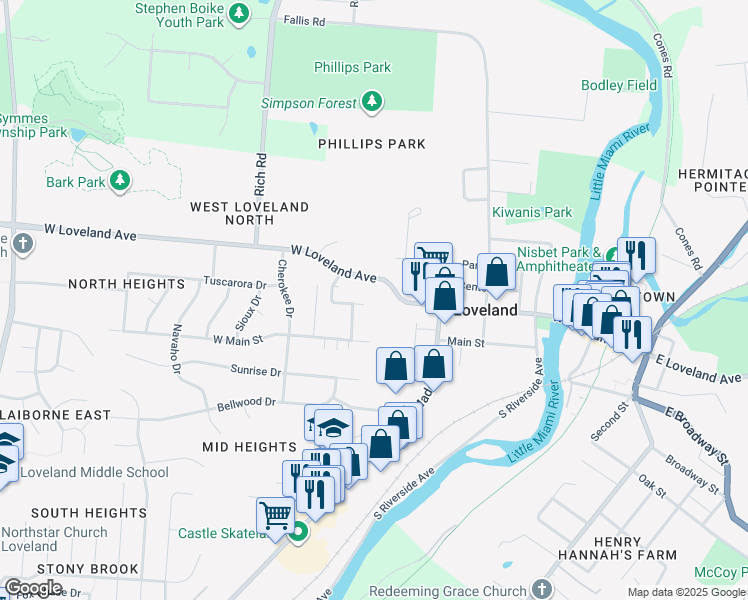 map of restaurants, bars, coffee shops, grocery stores, and more near 204 Highland Street in Loveland