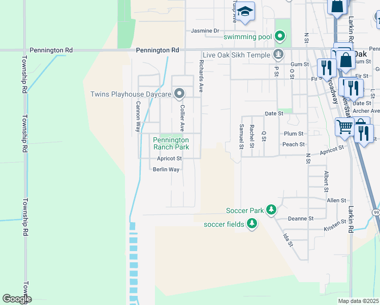map of restaurants, bars, coffee shops, grocery stores, and more near 9538 Poplar Way in Live Oak