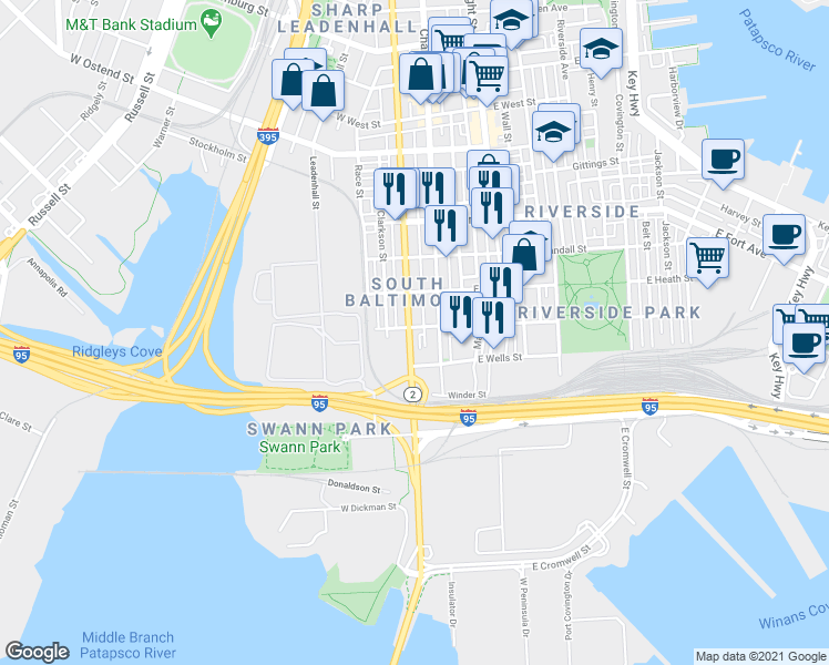 map of restaurants, bars, coffee shops, grocery stores, and more near 1805 South Hanover Street in Baltimore