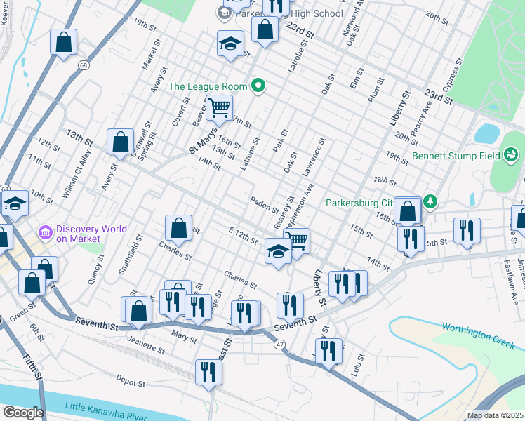 map of restaurants, bars, coffee shops, grocery stores, and more near 1113 Paden St in Parkersburg