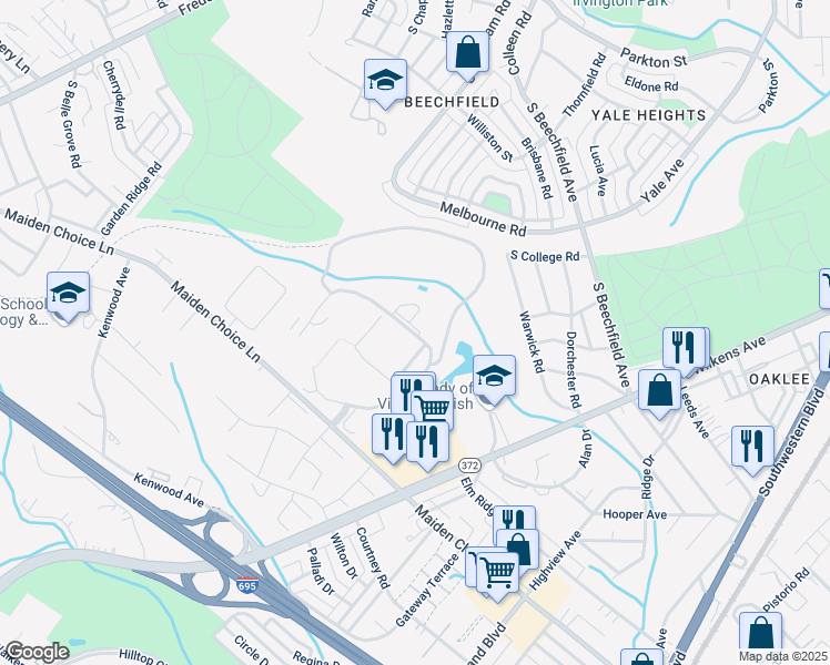 map of restaurants, bars, coffee shops, grocery stores, and more near 717 Maiden Choice Lane in Catonsville