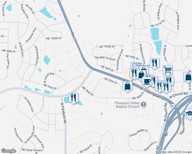 map of restaurants, bars, coffee shops, grocery stores, and more near 9619 Northeast 98th Street in Kansas City