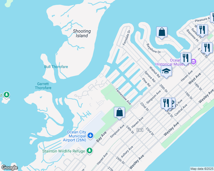 map of restaurants, bars, coffee shops, grocery stores, and more near 22 Marshall Lane in Ocean City