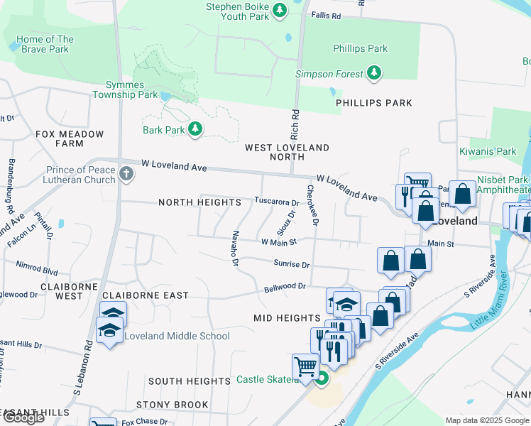 map of restaurants, bars, coffee shops, grocery stores, and more near 215 Oneida Drive in Loveland