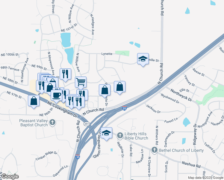 map of restaurants, bars, coffee shops, grocery stores, and more near 1409 La Chateau Drive in Liberty