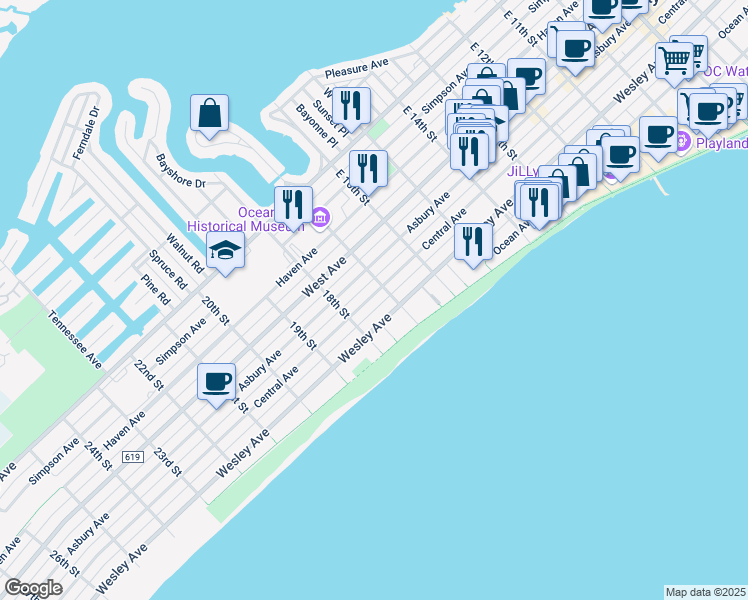 map of restaurants, bars, coffee shops, grocery stores, and more near 1700 East 17th Street in Ocean City