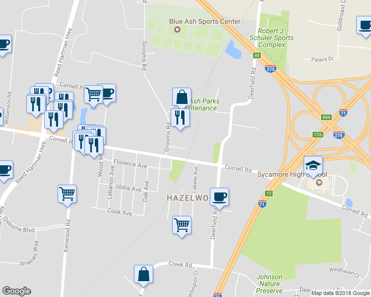map of restaurants, bars, coffee shops, grocery stores, and more near 11820 Carter Avenue in Cincinnati