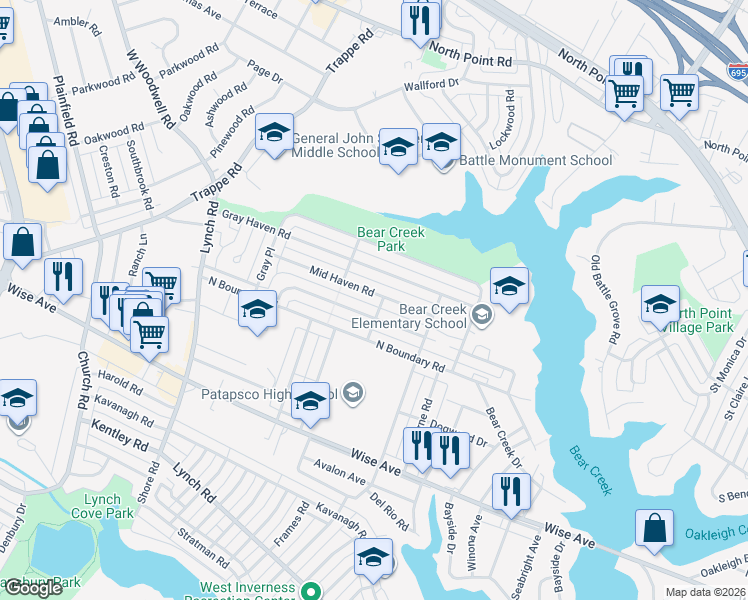 map of restaurants, bars, coffee shops, grocery stores, and more near 8137 Mid Haven Road in Dundalk