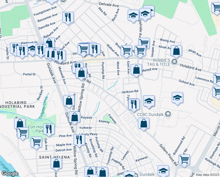 map of restaurants, bars, coffee shops, grocery stores, and more near 104 Highshire Court in Dundalk