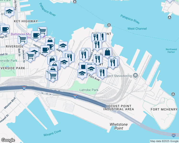 map of restaurants, bars, coffee shops, grocery stores, and more near 1451 Hull Street in Baltimore