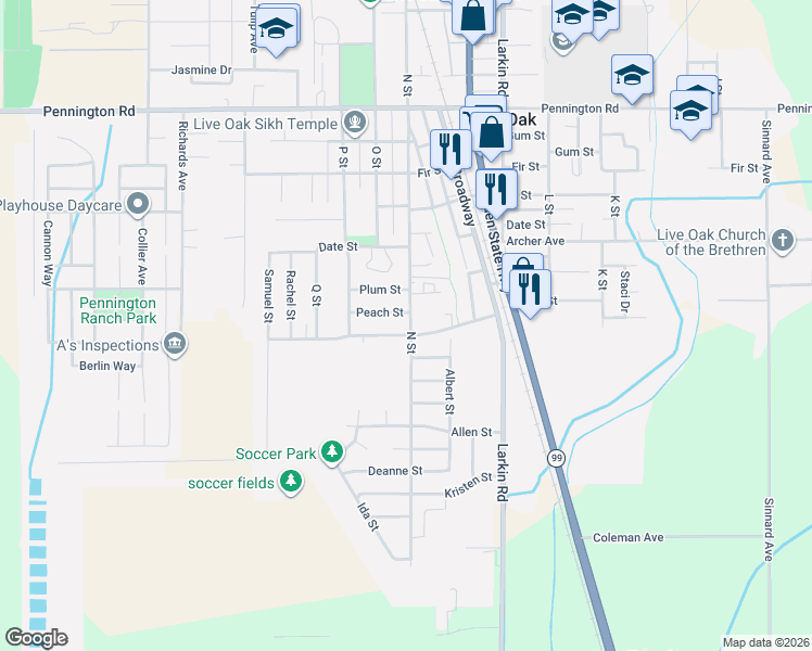map of restaurants, bars, coffee shops, grocery stores, and more near 9576 N Street in Live Oak