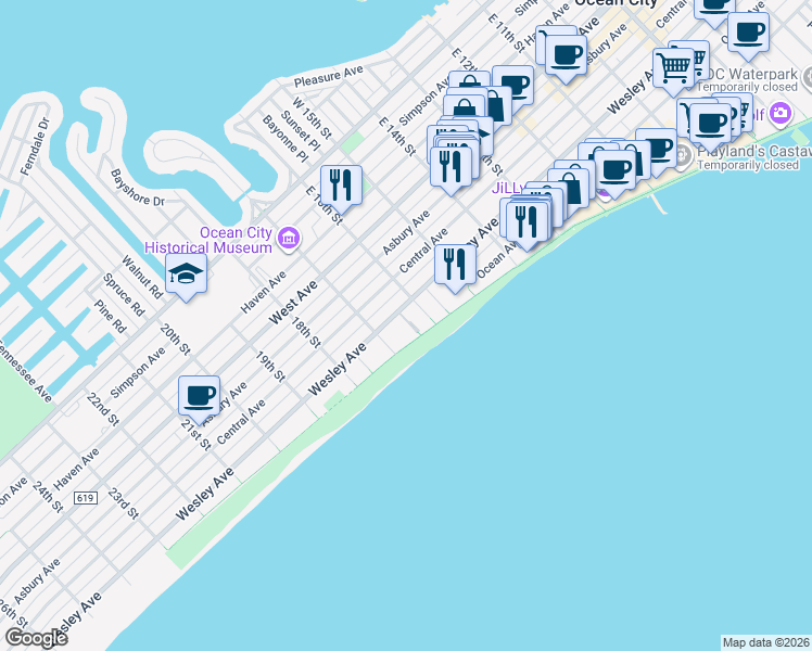 map of restaurants, bars, coffee shops, grocery stores, and more near 605 East 16th Street in Ocean City