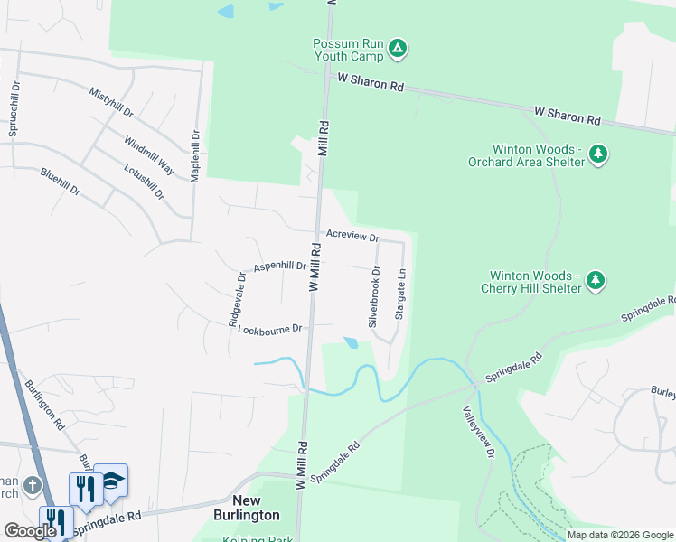 map of restaurants, bars, coffee shops, grocery stores, and more near 10740 West Mill Road in Cincinnati