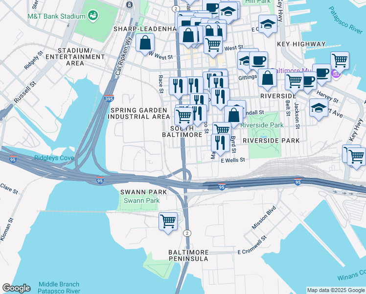 map of restaurants, bars, coffee shops, grocery stores, and more near S Hanover St & W Barney St in Baltimore