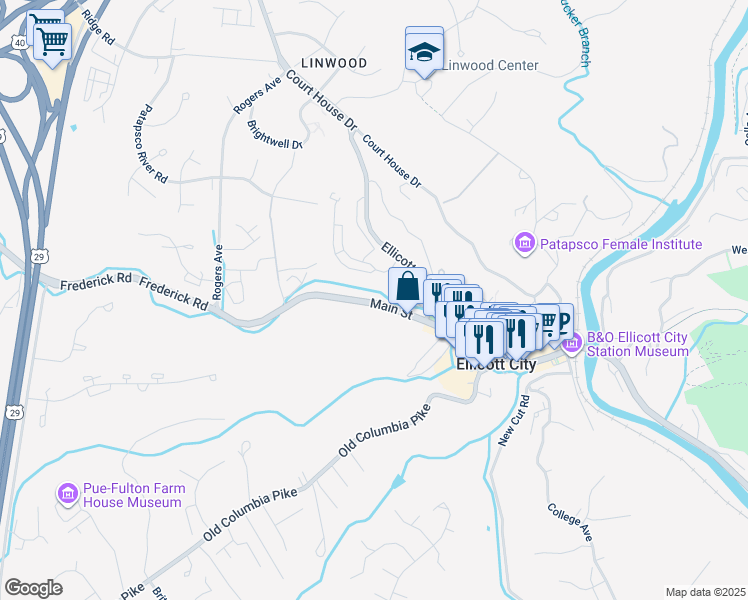 map of restaurants, bars, coffee shops, grocery stores, and more near 8484 Frederick Road in Ellicott City