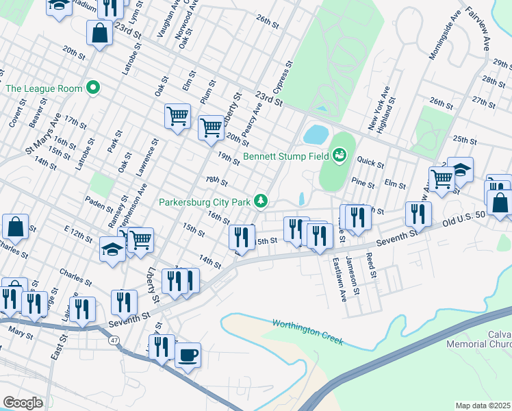 map of restaurants, bars, coffee shops, grocery stores, and more near 1703 Park Avenue in Parkersburg