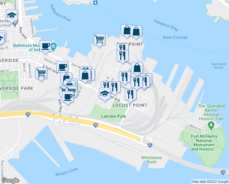 map of restaurants, bars, coffee shops, grocery stores, and more near 1445 Hull Street in Baltimore