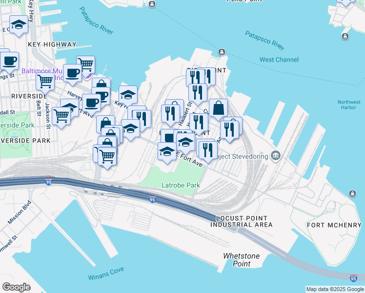 map of restaurants, bars, coffee shops, grocery stores, and more near 1445 Hull Street in Baltimore