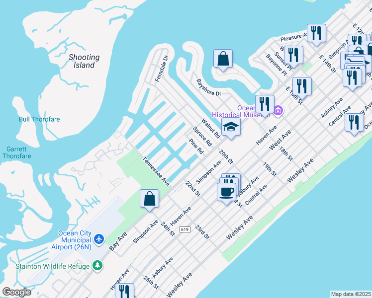 map of restaurants, bars, coffee shops, grocery stores, and more near 8 Tobago Lane in Ocean City