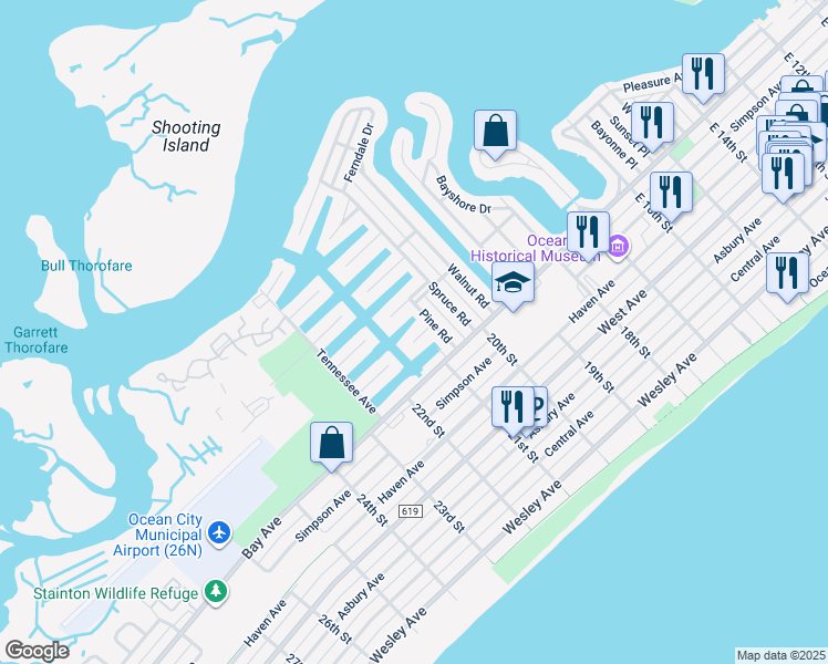 map of restaurants, bars, coffee shops, grocery stores, and more near 8 Tobago Lane in Ocean City