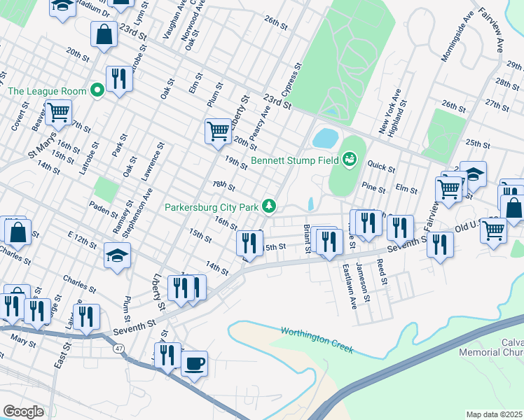 map of restaurants, bars, coffee shops, grocery stores, and more near 1703 Park Avenue in Parkersburg
