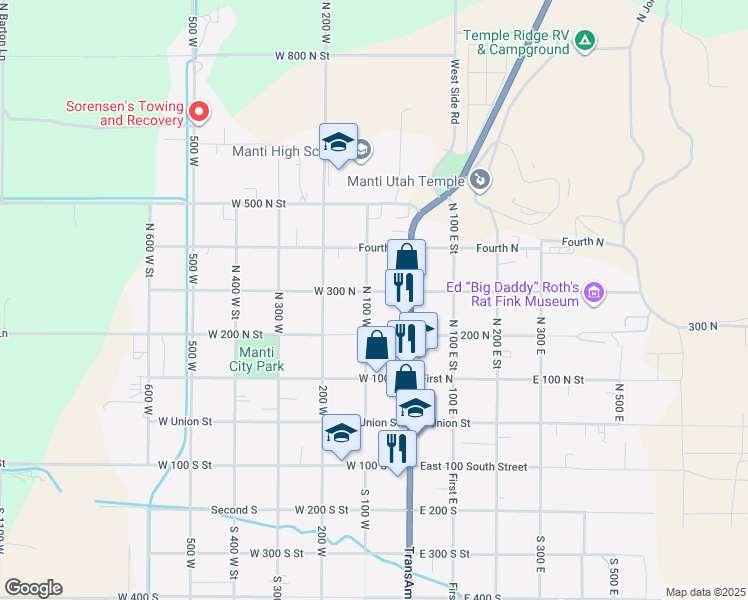 map of restaurants, bars, coffee shops, grocery stores, and more near 296 North 100 West Street in Manti