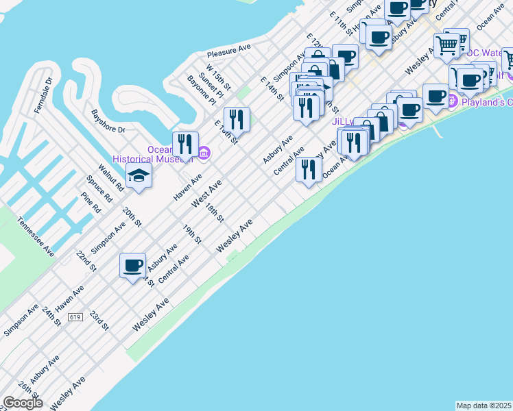 map of restaurants, bars, coffee shops, grocery stores, and more near 1622 Wesley Avenue in Ocean City