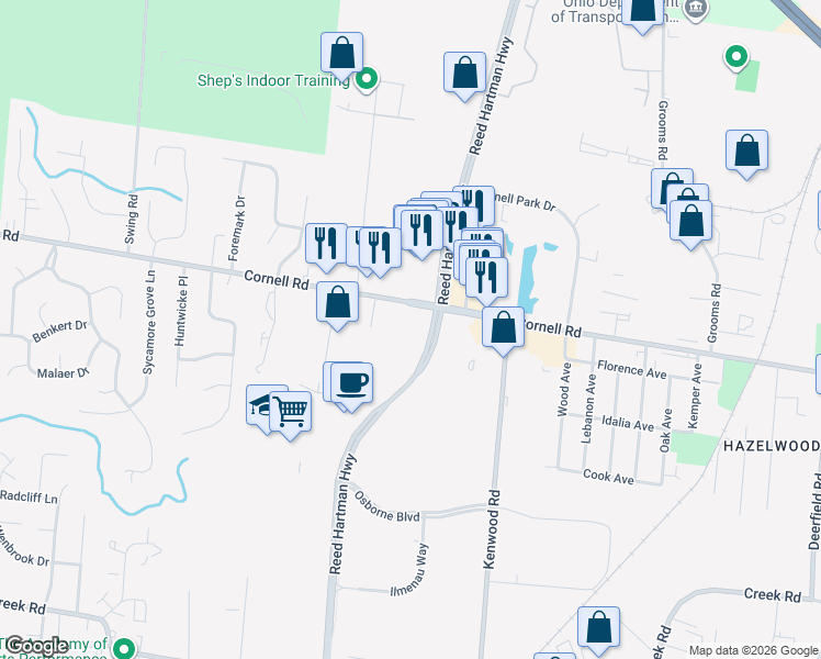 map of restaurants, bars, coffee shops, grocery stores, and more near 4665 Cornell Road in Cincinnati