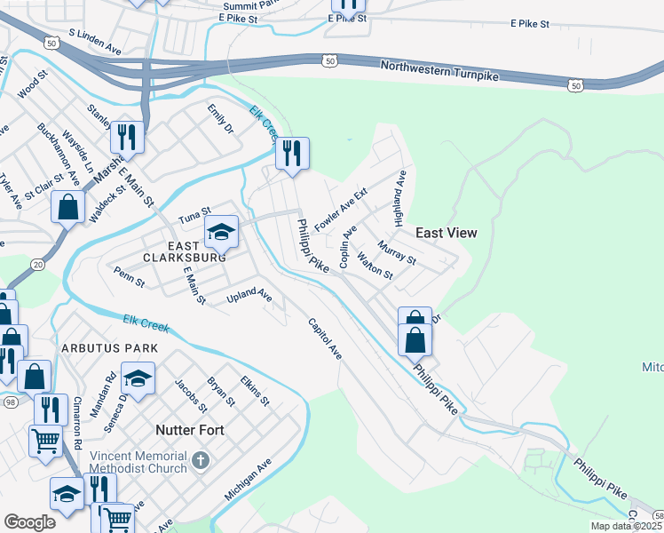 map of restaurants, bars, coffee shops, grocery stores, and more near 60 Torie Ln in Clarksburg