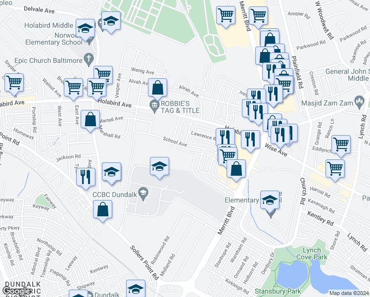map of restaurants, bars, coffee shops, grocery stores, and more near 7439 School Avenue in Dundalk