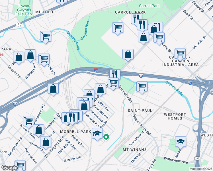 map of restaurants, bars, coffee shops, grocery stores, and more near 2300 Washington Boulevard in Baltimore
