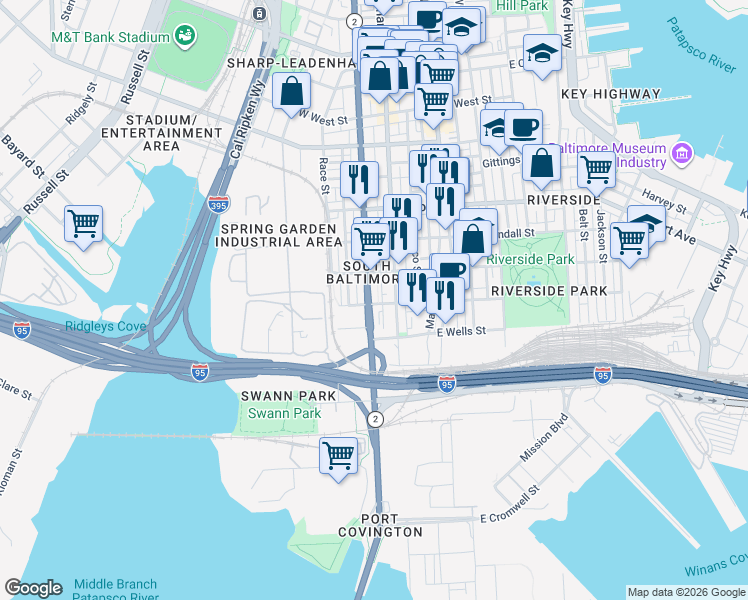 map of restaurants, bars, coffee shops, grocery stores, and more near 1749 South Hanover Street in Baltimore