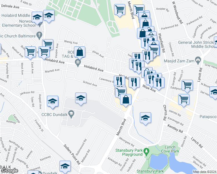 map of restaurants, bars, coffee shops, grocery stores, and more near 7534 School Avenue in Dundalk