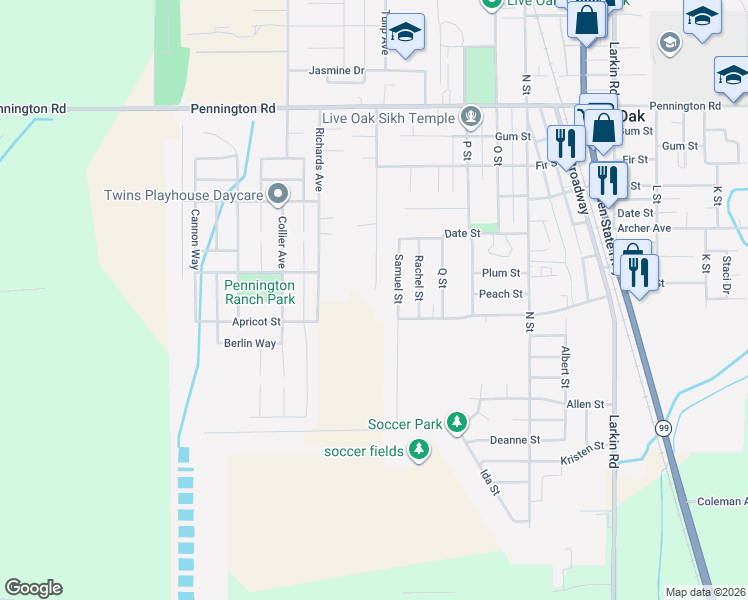 map of restaurants, bars, coffee shops, grocery stores, and more near 9596 Dee Ree Road in Live Oak