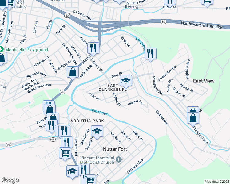 map of restaurants, bars, coffee shops, grocery stores, and more near 1205 East Main Street in Clarksburg