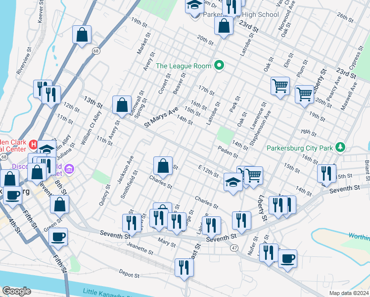 map of restaurants, bars, coffee shops, grocery stores, and more near 805 13th Street in Parkersburg