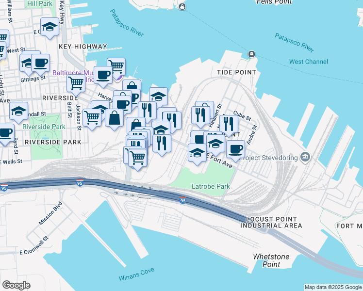 map of restaurants, bars, coffee shops, grocery stores, and more near 1301 East Fort Avenue in Baltimore