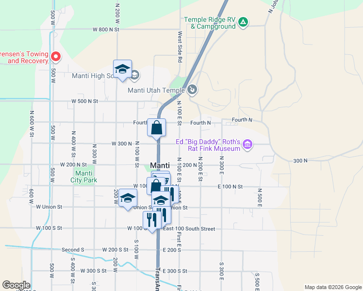 map of restaurants, bars, coffee shops, grocery stores, and more near 135 East 300 North Street in Manti