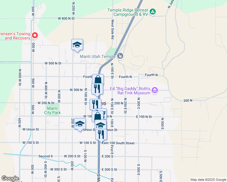 map of restaurants, bars, coffee shops, grocery stores, and more near 106 East 300 South in Manti