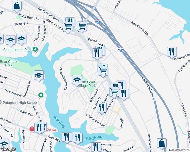 map of restaurants, bars, coffee shops, grocery stores, and more near 7607 Town View Drive in Baltimore