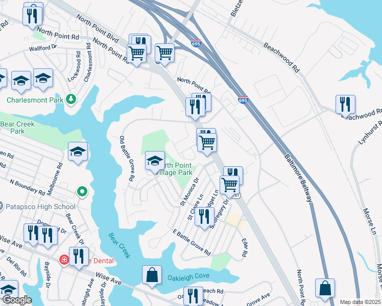map of restaurants, bars, coffee shops, grocery stores, and more near 7607 Town View Drive in Baltimore