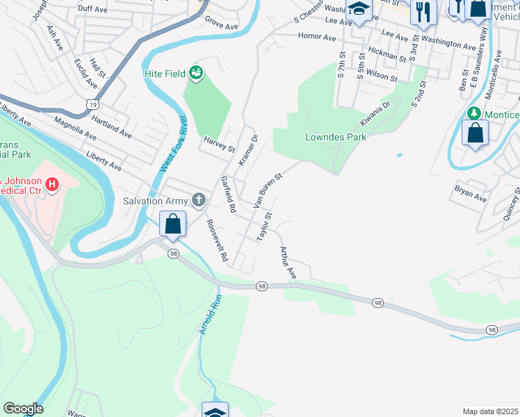 map of restaurants, bars, coffee shops, grocery stores, and more near 999 Van Buren Street in Clarksburg