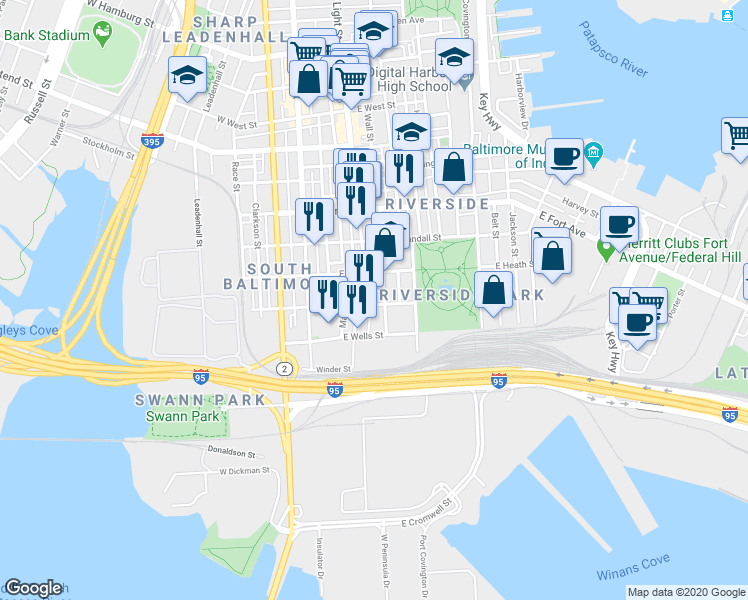 map of restaurants, bars, coffee shops, grocery stores, and more near 132 East Barney Street in Baltimore