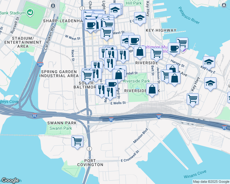 map of restaurants, bars, coffee shops, grocery stores, and more near 132 East Barney Street in Baltimore