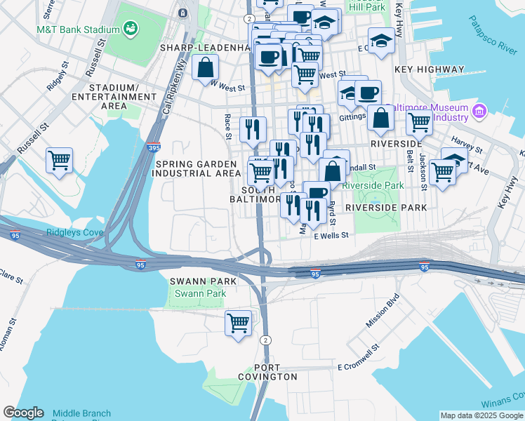 map of restaurants, bars, coffee shops, grocery stores, and more near 1741 South Hanover Street in Baltimore