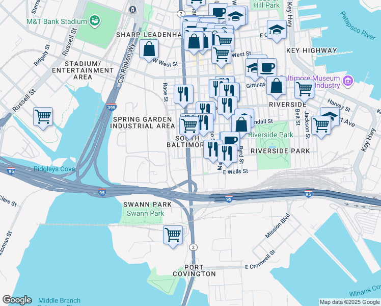 map of restaurants, bars, coffee shops, grocery stores, and more near 1741 South Hanover Street in Baltimore