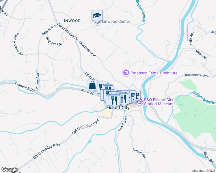 map of restaurants, bars, coffee shops, grocery stores, and more near 3674 Park Avenue in Ellicott City