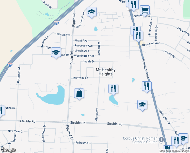 map of restaurants, bars, coffee shops, grocery stores, and more near 2534 Merriway Lane in Cincinnati